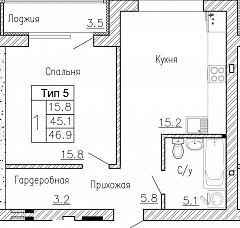 2-комнатную квартиру №30, 46,9 кв. м, на ул Генерала Круковского, 4, третий этаж