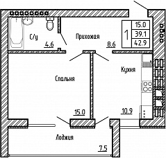 1-комнатная квартира №21, 42,9 кв. м, на ул Генерала Бакланова, 1, 2 подъезд 1 этаж, 2 подъезд южная сторона
