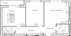2-комнатную квартиру №6, 88,1 кв. м, на ул Генерала Круковского, 4, второй этаж